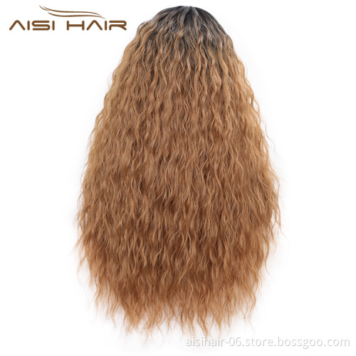 Aisi Hair Heat Resistant Synthetic Fiber Long Wavy Lace Part Wigs Ombre Brown Long Wave Wigs for American African Women